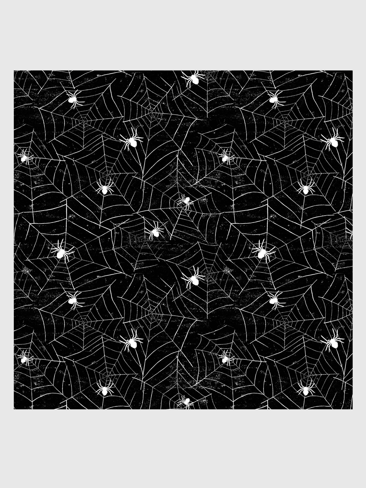Spiders print with white spiders and webs on a black background