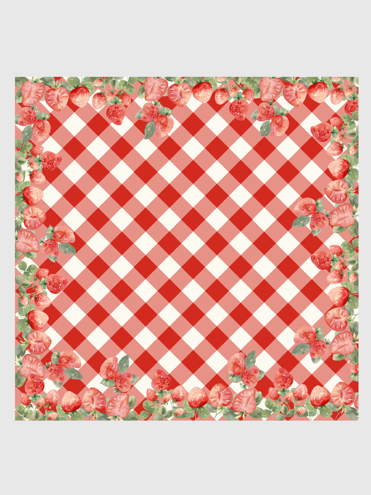 Gingham print with red and white checks and a strawberry border