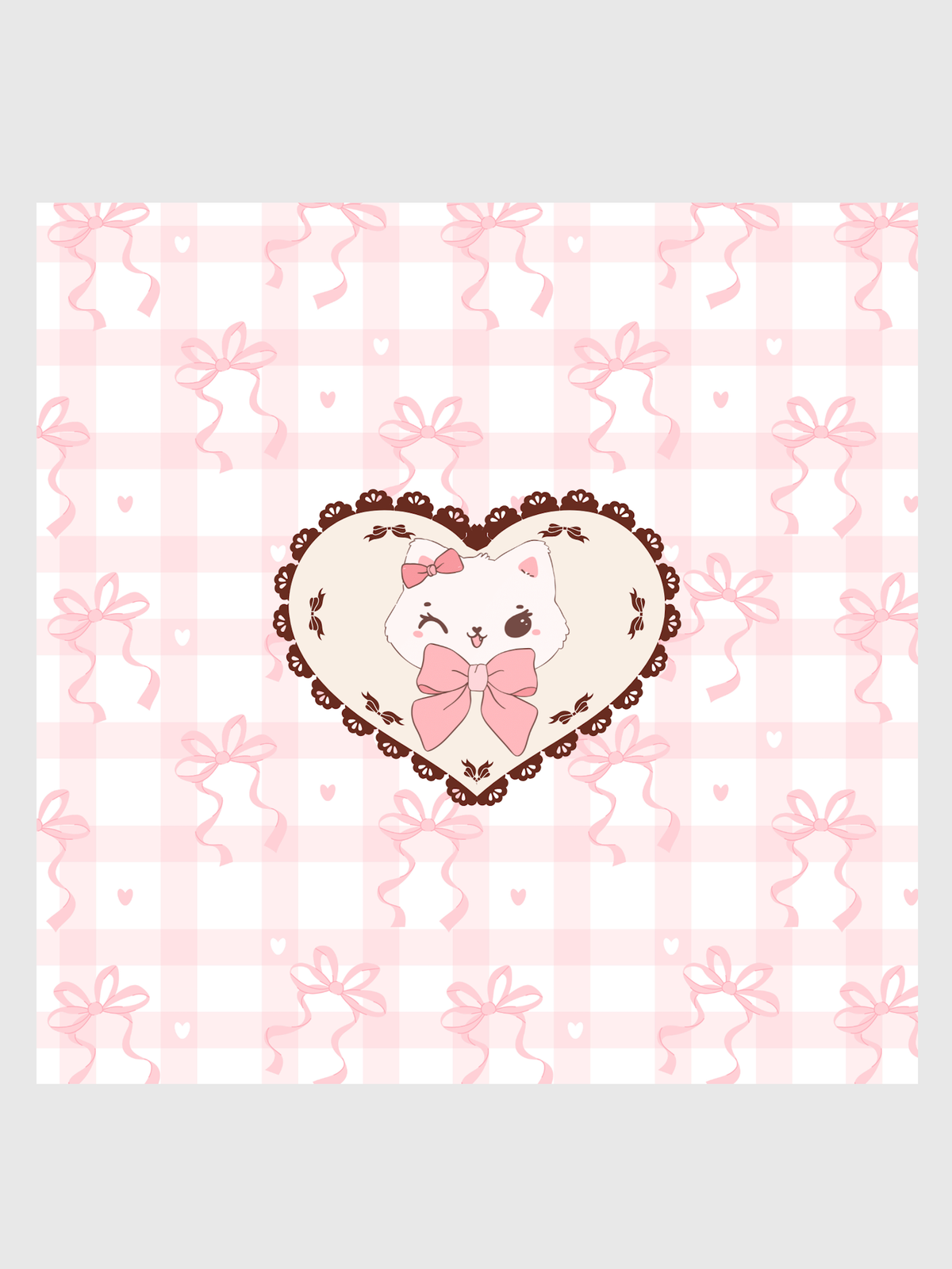 Coqucat print with pink checks and bows surrounding a cat inside a heart