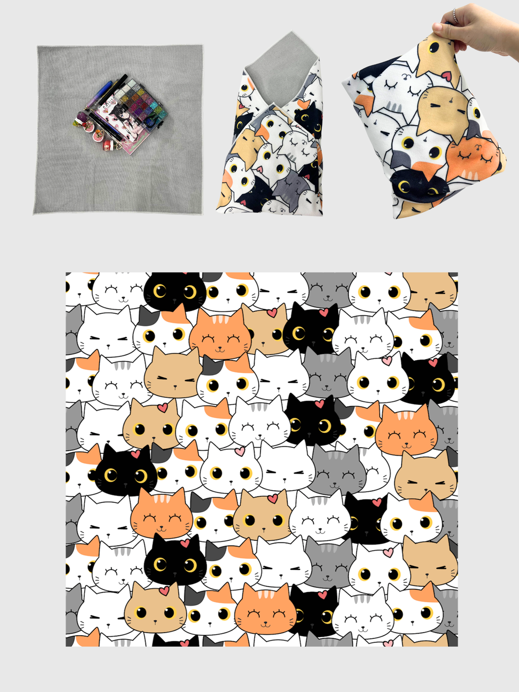 Cats-print makeup wrap shown flat with cosmetics, folded around them, and held in a hand